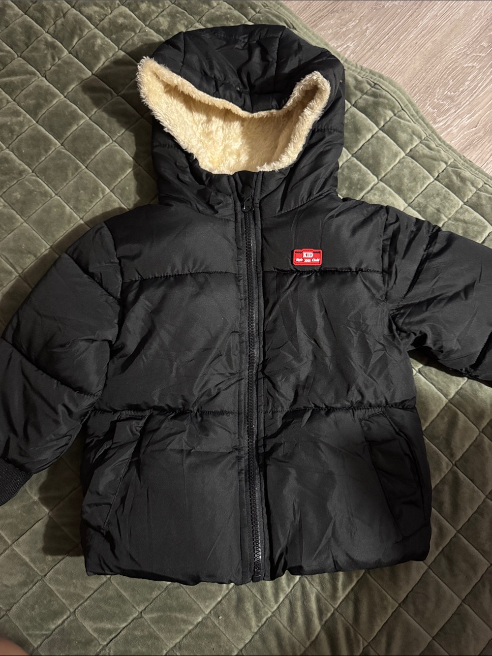 Kids Black Puffer Jacket with Cream Faux-Fur Hood Lining